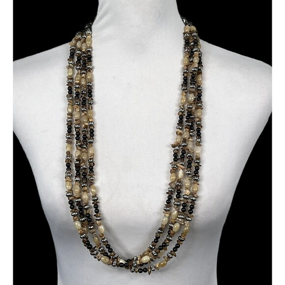 Beaded 4 Strand Chain Necklace Hook 27" Long Extend 11" Brown Tan Chip Round - Picture 5 of 9